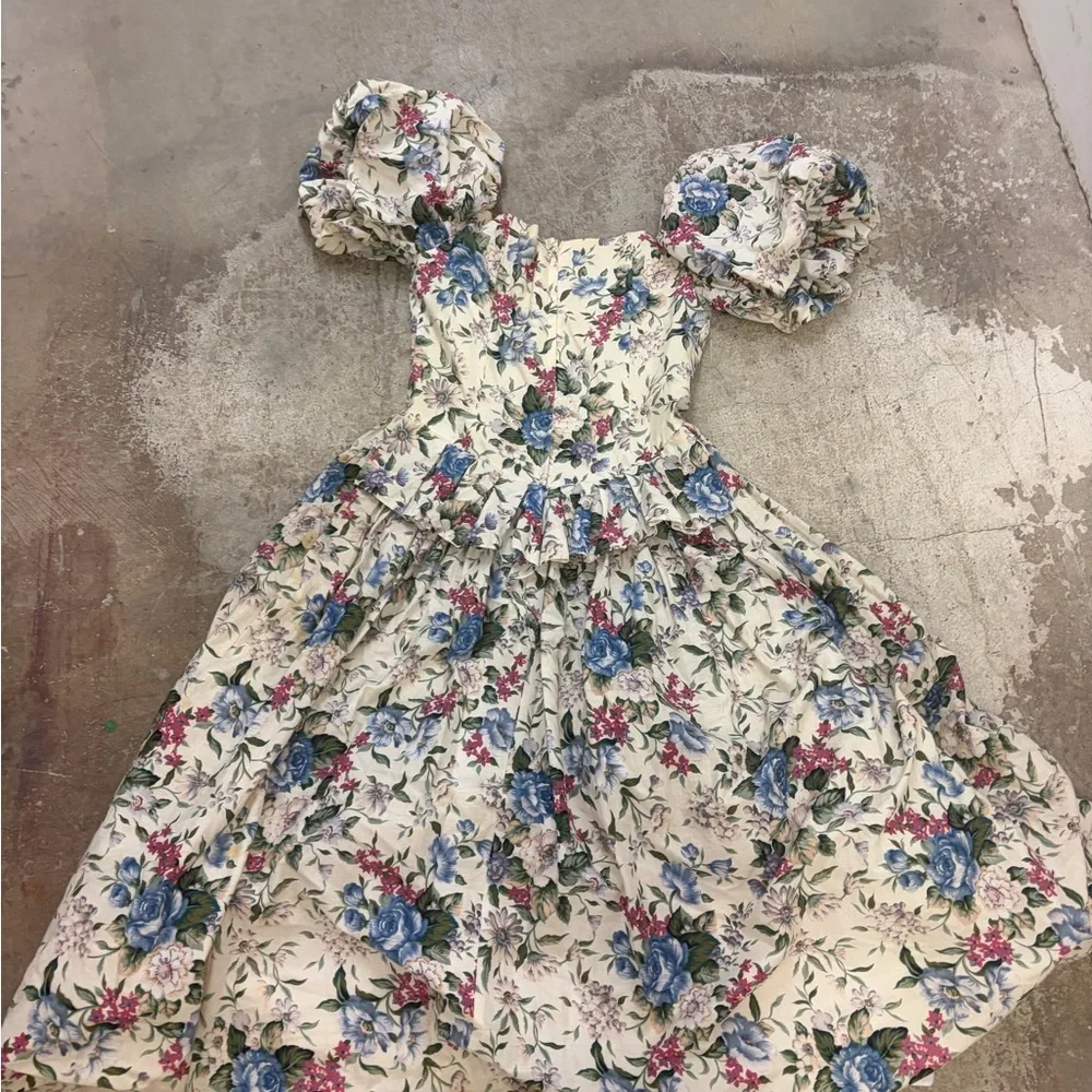 Vintage 1980s algo Floral Puff Sleeve Dress corset basque waist cottagecore maxi - Picture 7 of 8